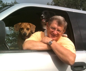 Yours truly ready to work on the ranch with assistants Jack and Bella.